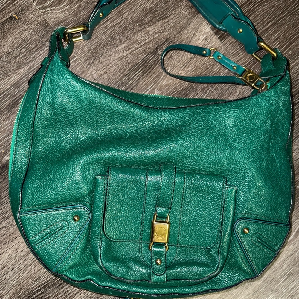 Emerald Green Leather Hobo Bag with Gold Accents